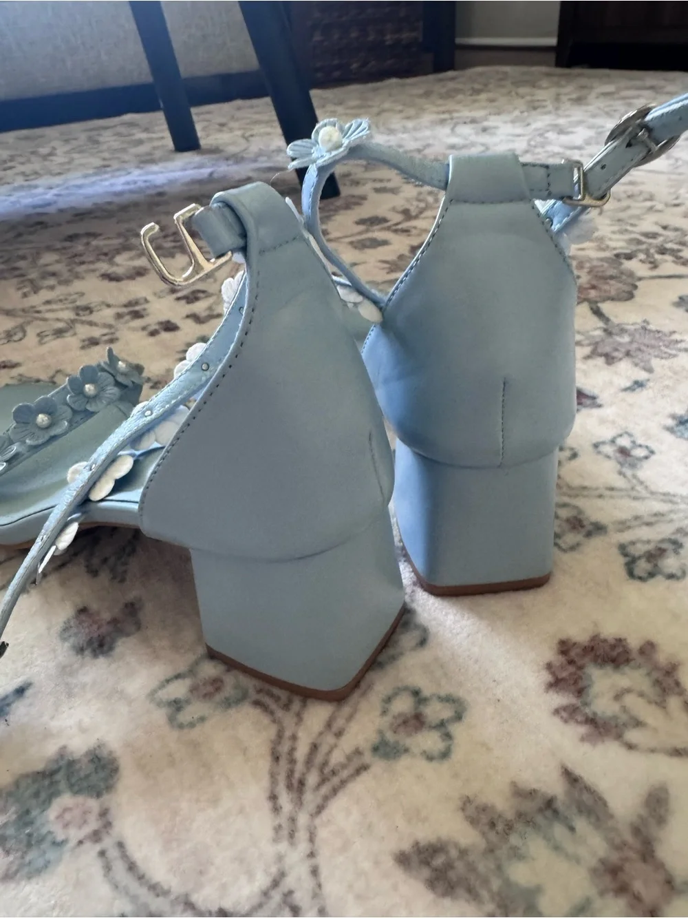 Light Blue Floral Pearl Ankle-Strap Block Heels